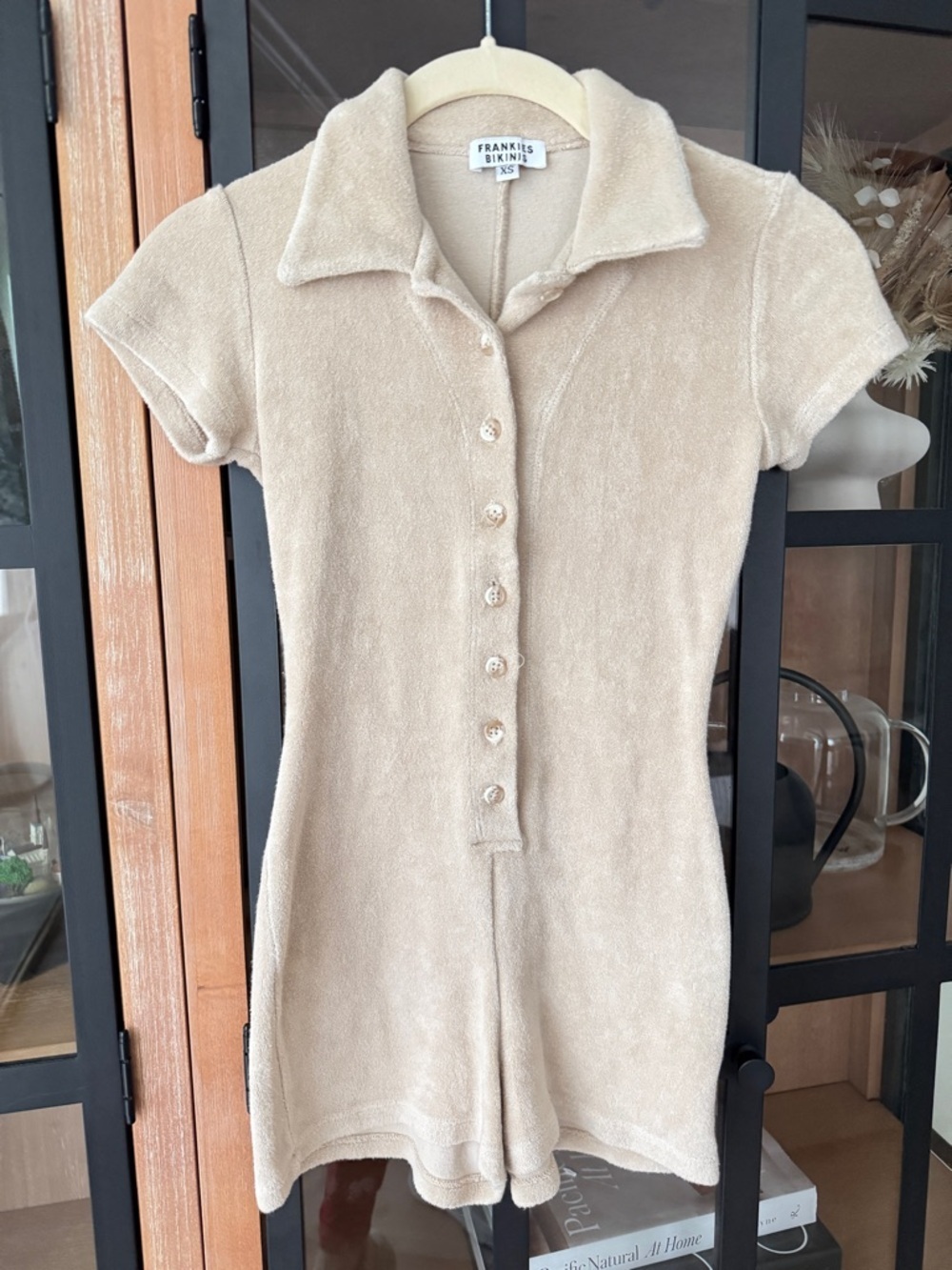 Frankie’s Bikinis Rose terry Romper onesie beige sand short sleeve button down